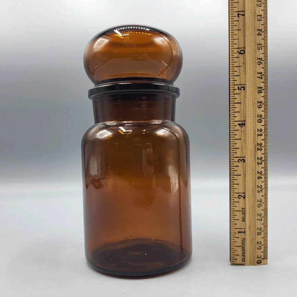 Vintage Amber Brown Glass Apothecary Jar With Bubble Lid Made In Belgium